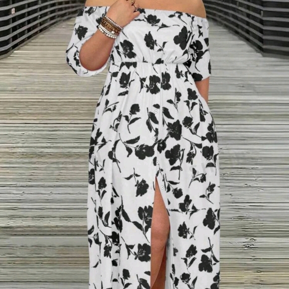 SHEIN Dresses & Skirts - Black & White Off-Shoulder Floral Maxi Dress